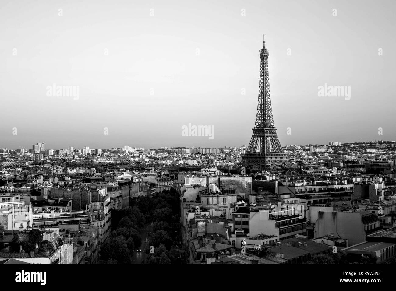 A view of the Eiffel Tower in Paris from the top of the Arc de Triomphe black and white Stock Photo