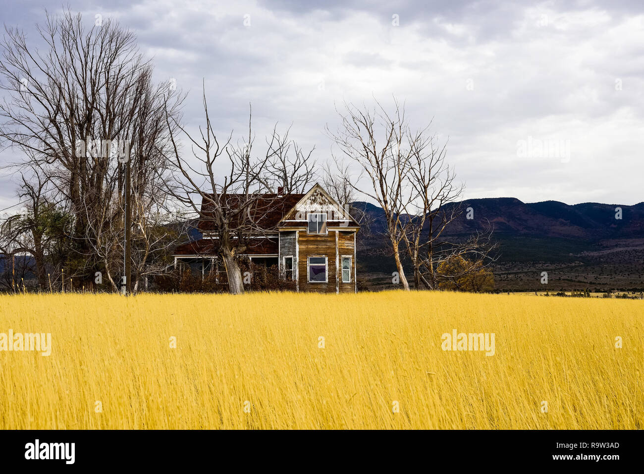 Abandoned farmhouse and grain field with mountains in the background. Stock Photo