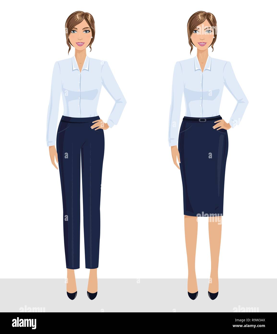Elegant pretty business woman in formal clothes. Base wardrobe, feminine corporate dress code. Collection of full length portraits of business woman. Stock Vector