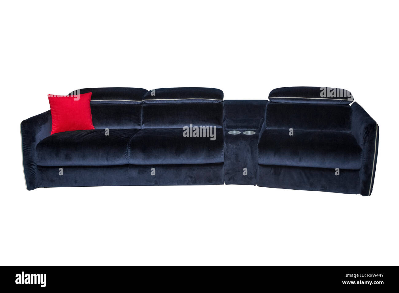 blue sofa with red pillow isolated on white background Stock Photo