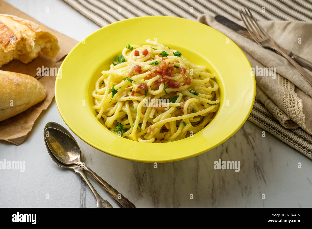 Creamy Italian Cuisine Spaghetti Alla Carbonara With Pancetta And Crusty Bread Stock Photo Alamy Creamy Italian Cuisine Spaghetti Alla Carbonara With Pancetta And Crusty Bread Stock Photo Alamy