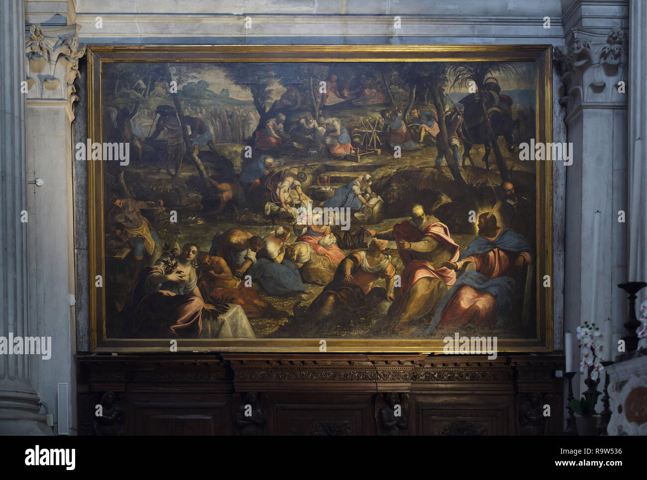 Painting 'Jews in the Desert' ('Miracle of Manna') by Venetian Renaissance  painter Jacopo Robusti called Tintoretto (1593) on display in the Church of San  Giorgio Maggiore (Basilica di San Giorgio Maggiore) on