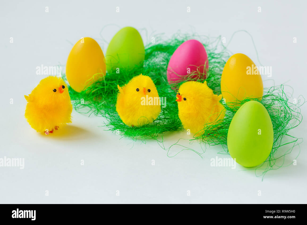 Easter composition of painted eggs on a white background. Background for greeting card. Stock Photo