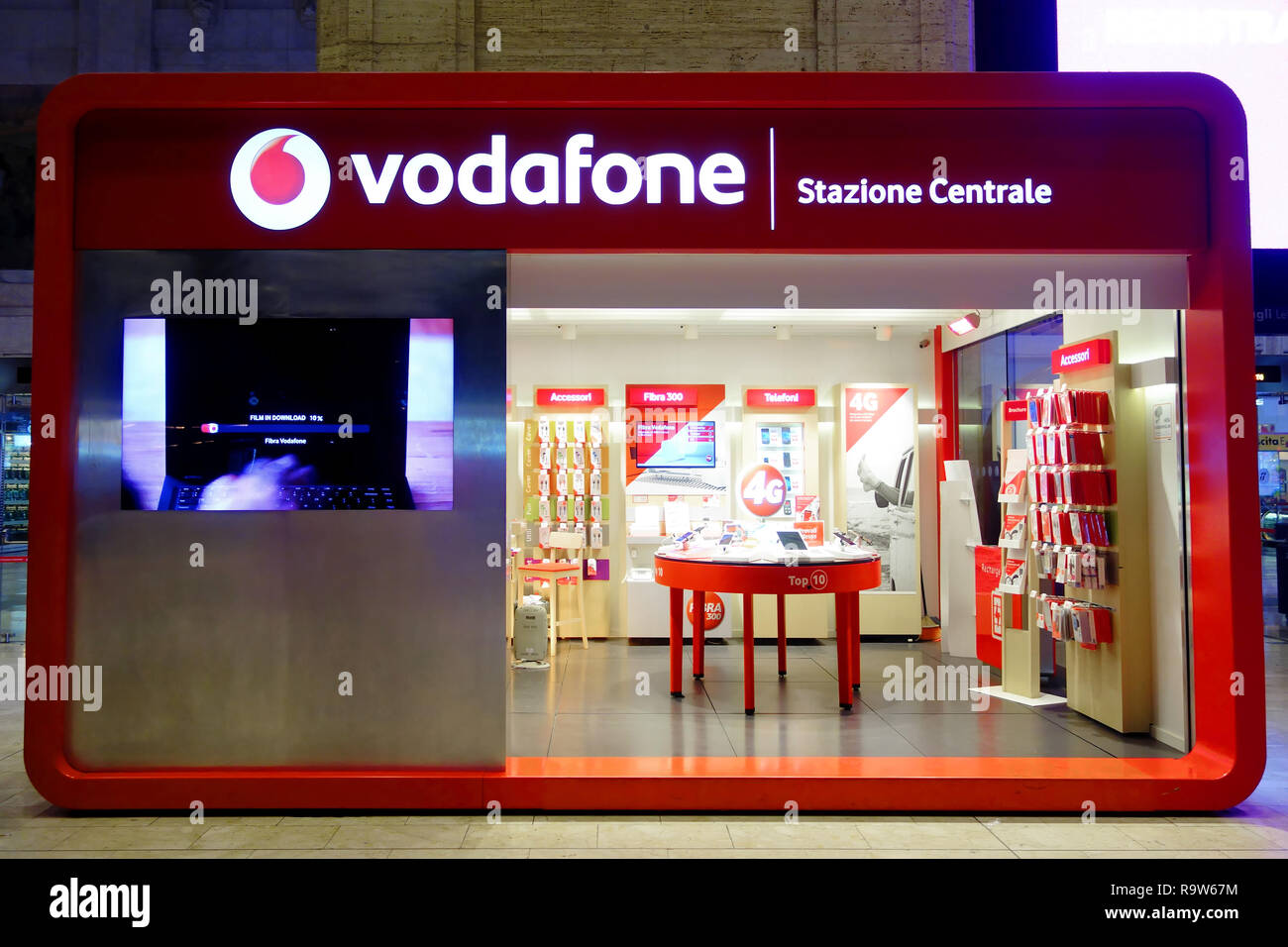 Milan, Italy - Oct 2016: Vodafone Multinational telecommunications company stand at central railway station Stock Photo