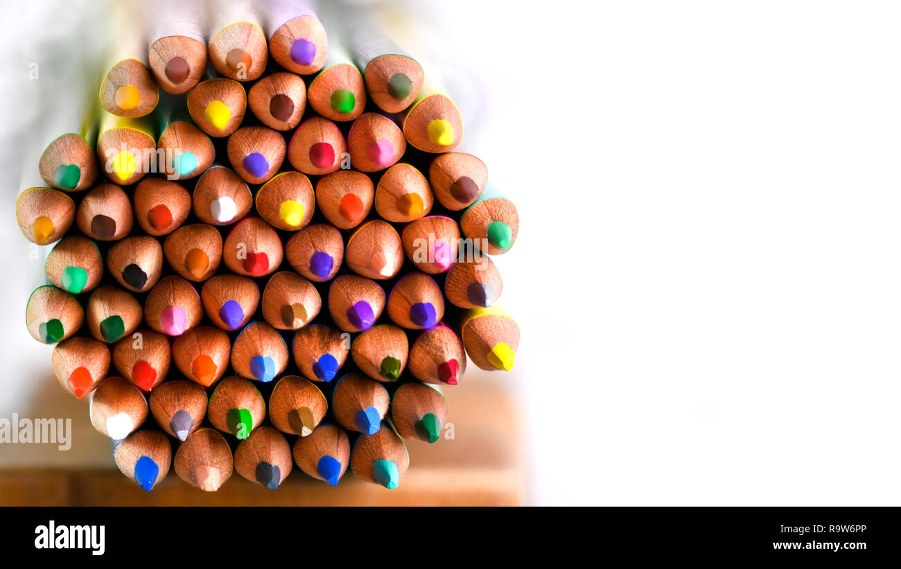 beautiful colored pencils tips creative concept  in selective focus with a white background  for copy space ideal for banner or text over lay Stock Photo