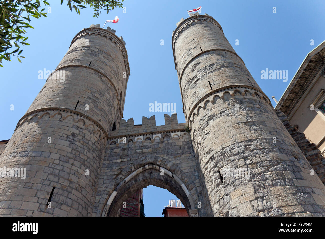 The Towers of Porta Soprana frame the best-known gate in the ancient walls of Genoa. After major restorations carried out between the 19th and 20th ce Stock Photo