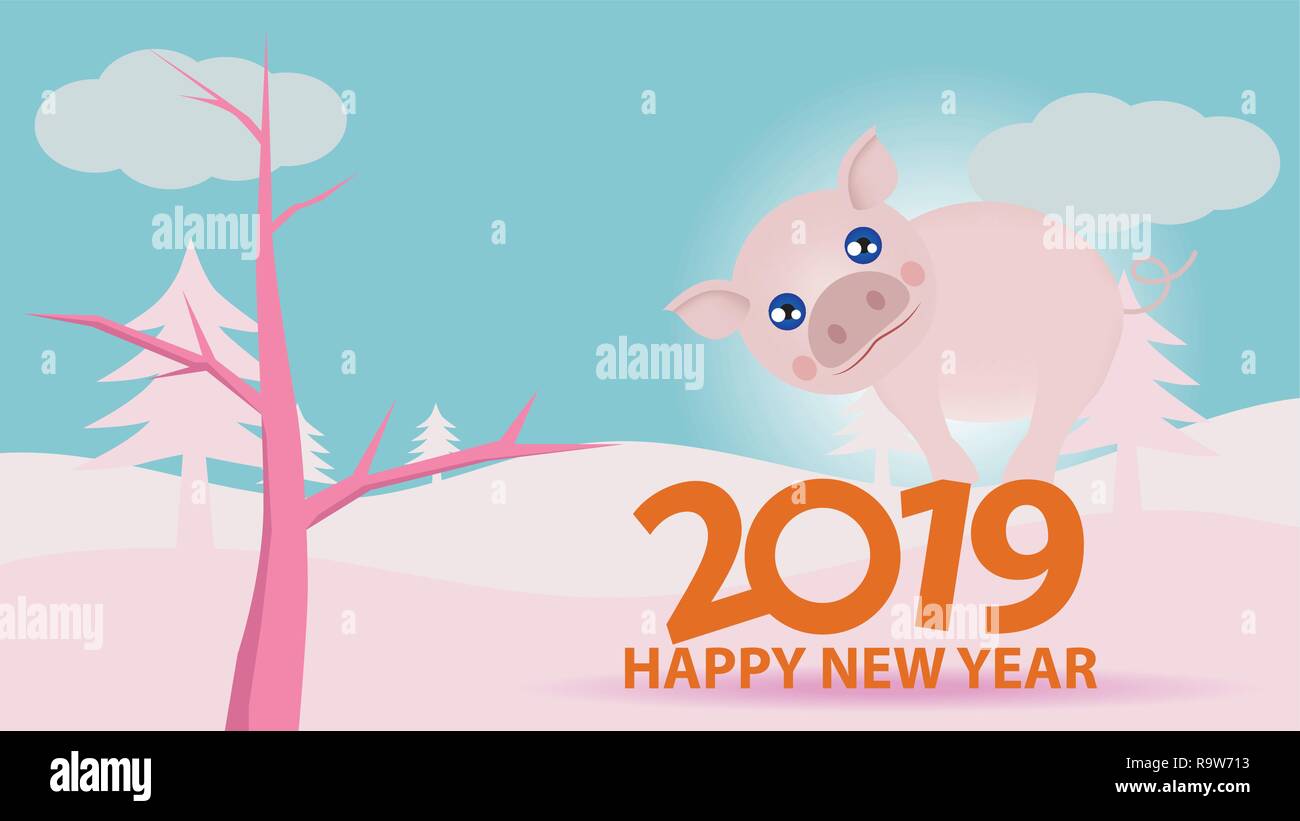 Picture for new year 2019, Cartoon animal pig stand on numbers two zero one nine with nature pick tone. Stock Vector