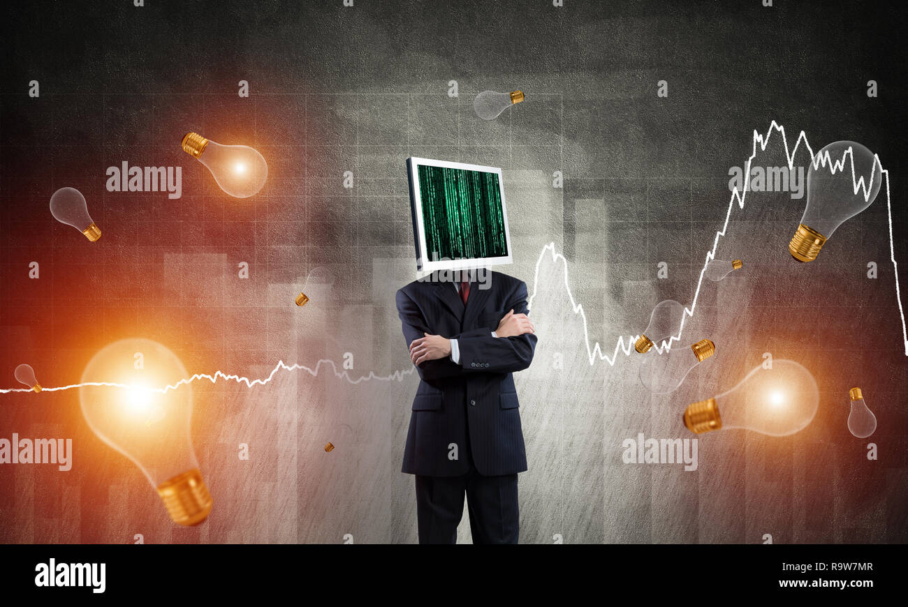 Businessman with monitor instead of head Stock Photo Alamy