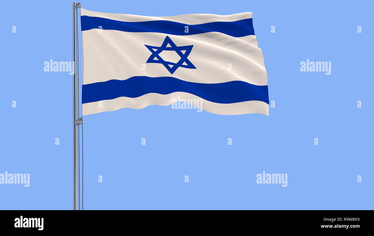 Isolate flag of Israel on a flagpole fluttering in the wind on a blue ...
