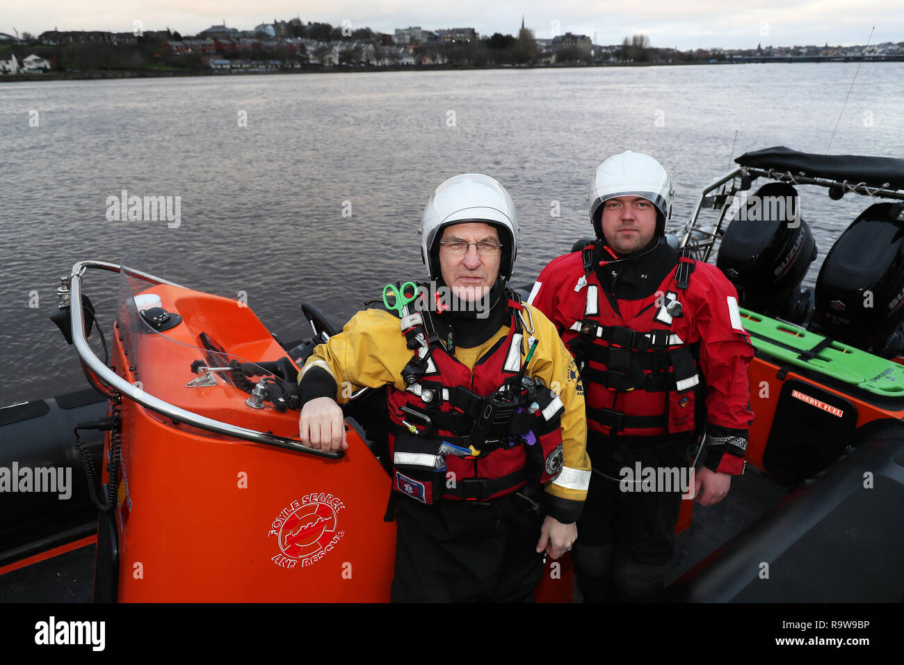 Foyle Search and Rescue volunteers Pat Carlin (left), 1st response team, and Steven Durrent, Boat Co-ordinator, at their headquarters on the banks of the Foyle in Londonderry. Stock Photo