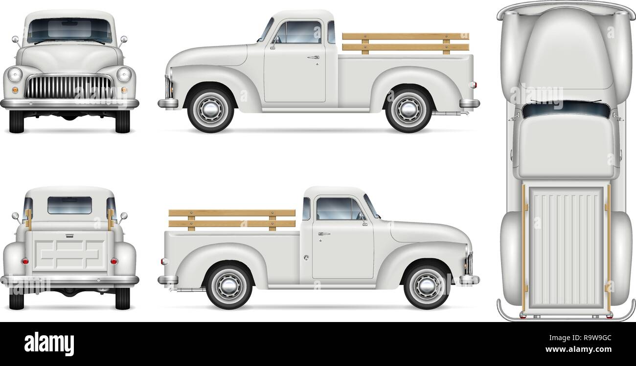 Old truck vector mockup on white background. All elements in the groups ...