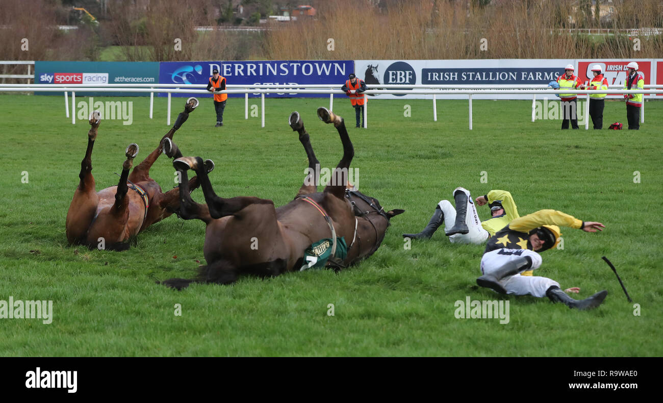 Bacardys ridden by Ruby Walsh and Borderline Chatho ridden by Donagh Meyler fall at the last during The Ballymaloe Foods Beginners Steeplechase during day three of the Leopardstown Christmas Festival at Leopardstown Racecourse. Stock Photo