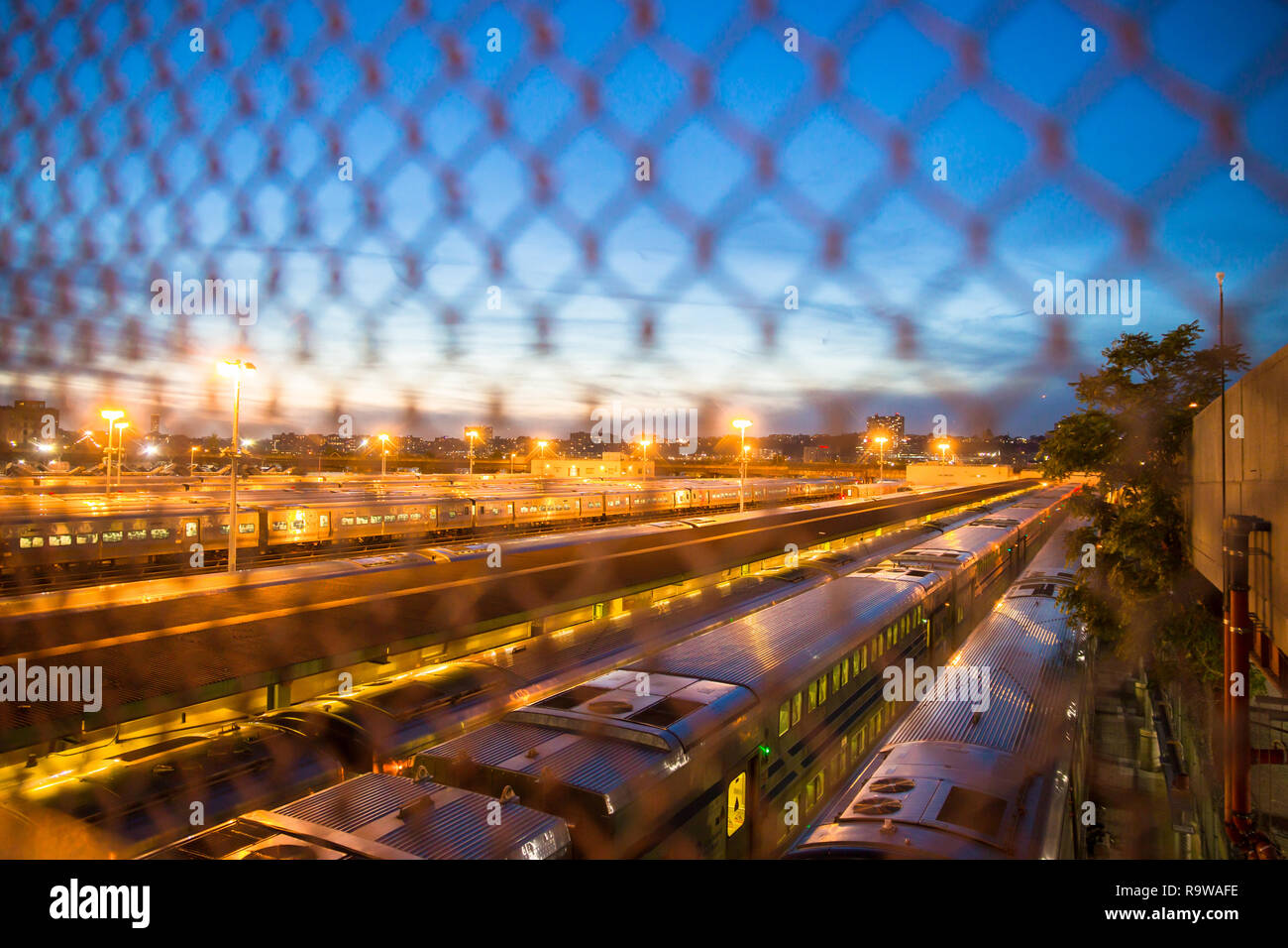 View of Manhattan NYC train yard with many trains visible Stock Photo