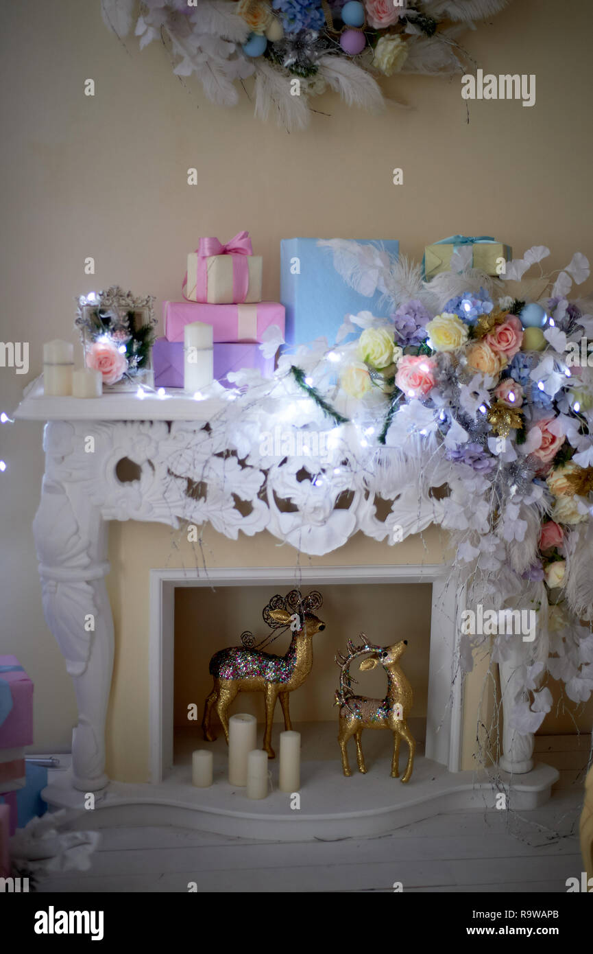 Decorative Fireplace Decorated With Garlands Christmas Decoration