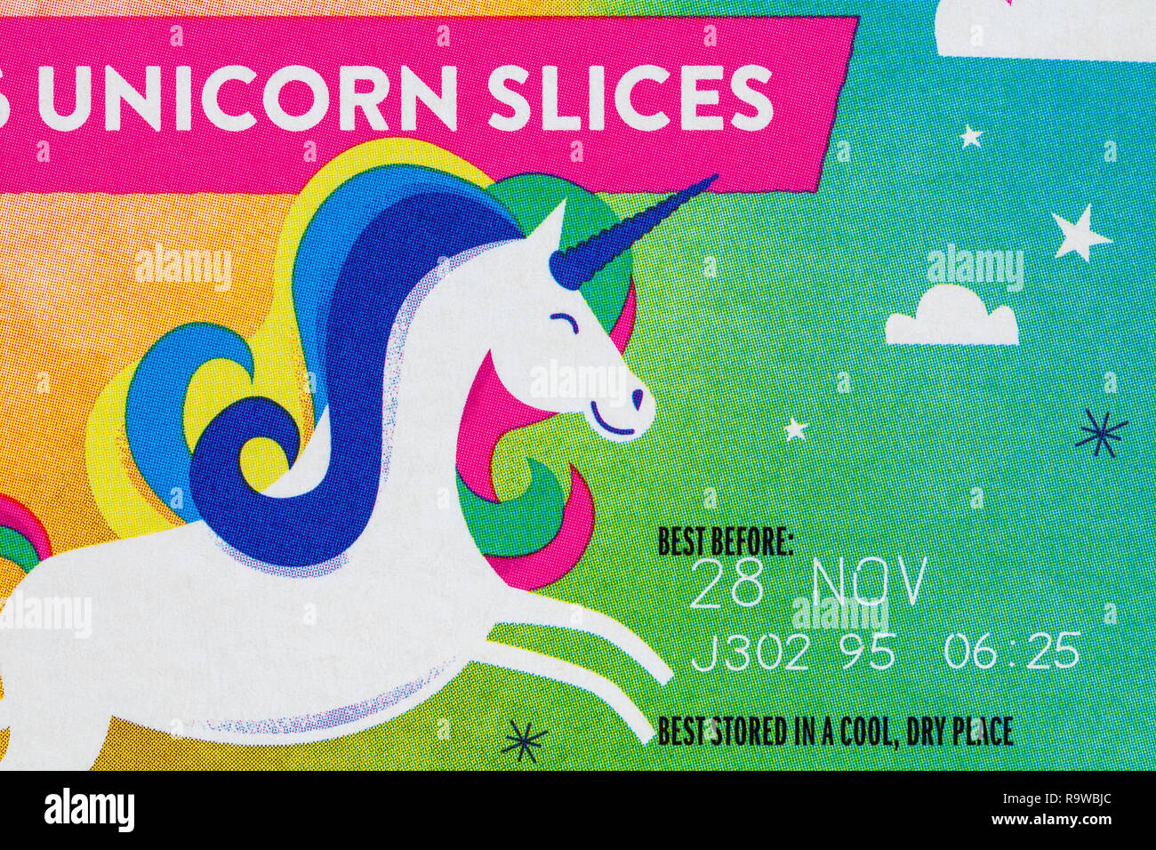 Best before date on pack of Mr Kipling Unicorn Slices exceedingly good cakes - best stored in a cool dry place Stock Photo