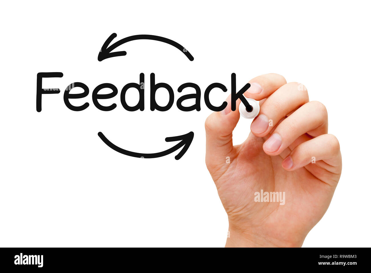 Hand writing Feedback cycle arrows concept with black marker on transparent wipe board isolated on white. Stock Photo