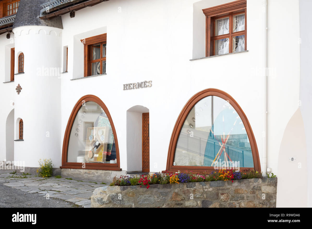 SANKT MORITZ, SWITZERLAND - AUGUST 16, 2018: Hermes luxury store in a sunny summer day in Sankt Moritz, Switzerland Stock Photo