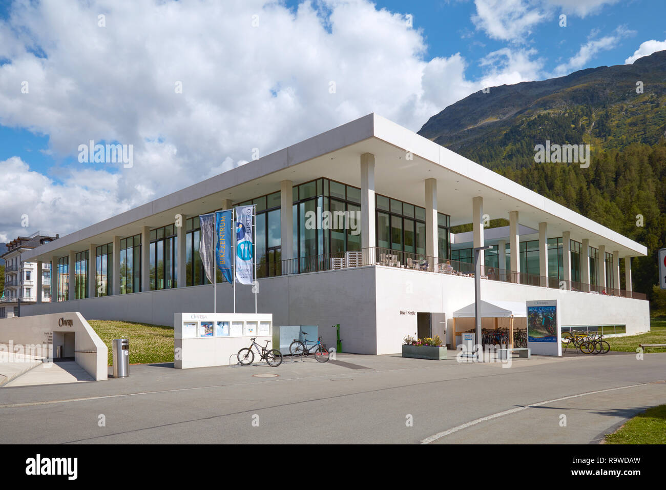 SANKT MORITZ, SWITZERLAND - AUGUST 16, 2018: Ovaverva luxury spa, modern building in Sankt Moritz, Switzerland Stock Photo