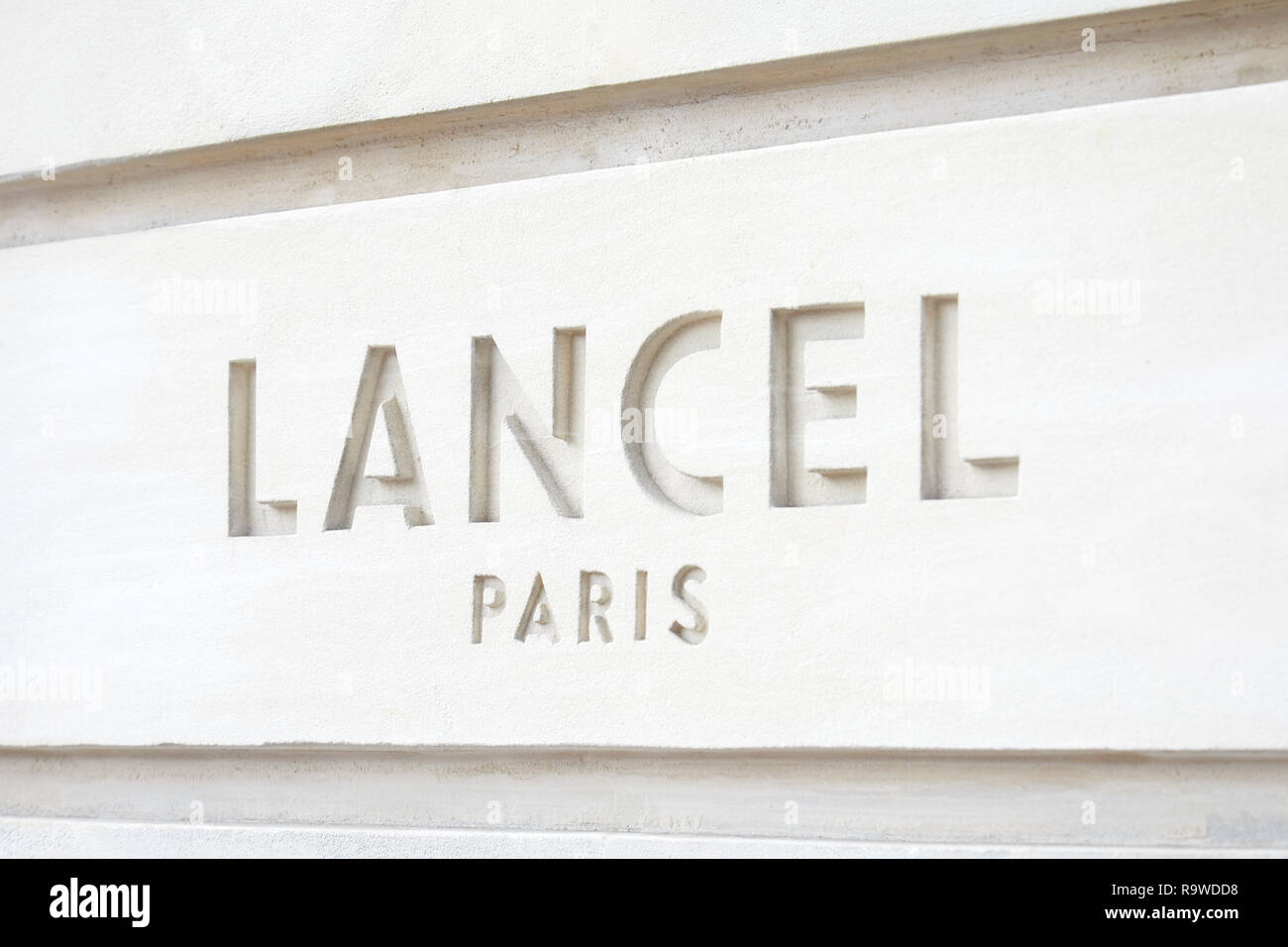 PARIS, FRANCE - JULY 07, 2018: Lancel store stone sign in Paris Stock Photo