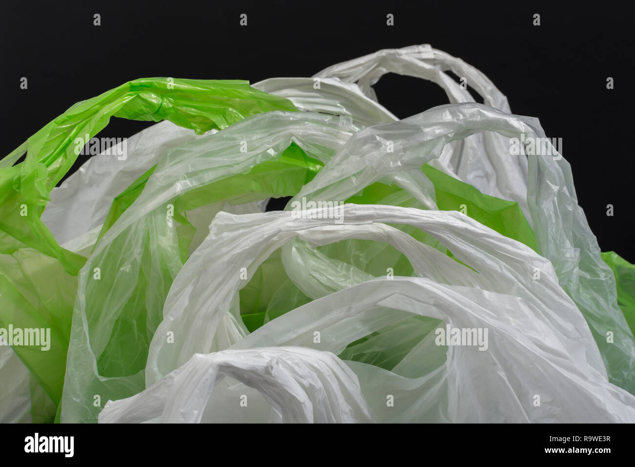 Multiple plastic shopping bags / carrier bags. For plastic bag tax, bag charge, war on plastic