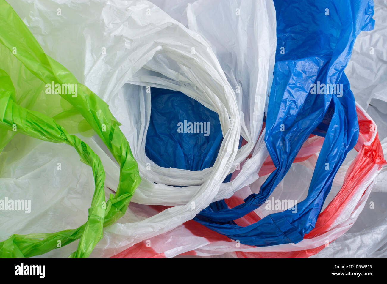 Multiple plastic shopping bags / carrier bags. For plastic bag tax, bag charge, war on plastic