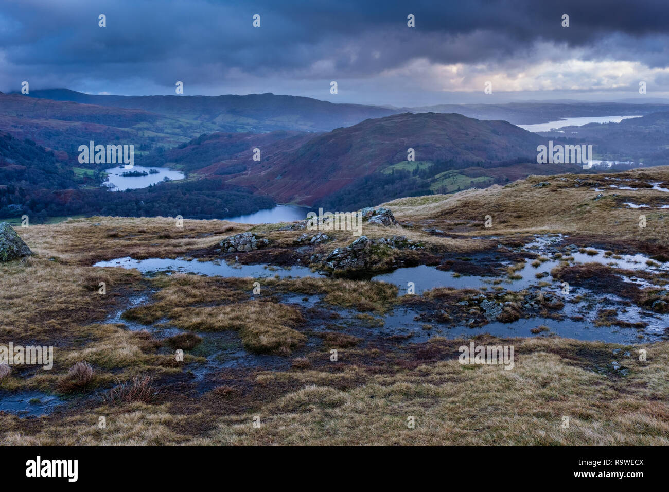 Grasmere and Rydal Water seen from the summit of Silver How, near Grasmere, Lake District, Cumbria Stock Photo