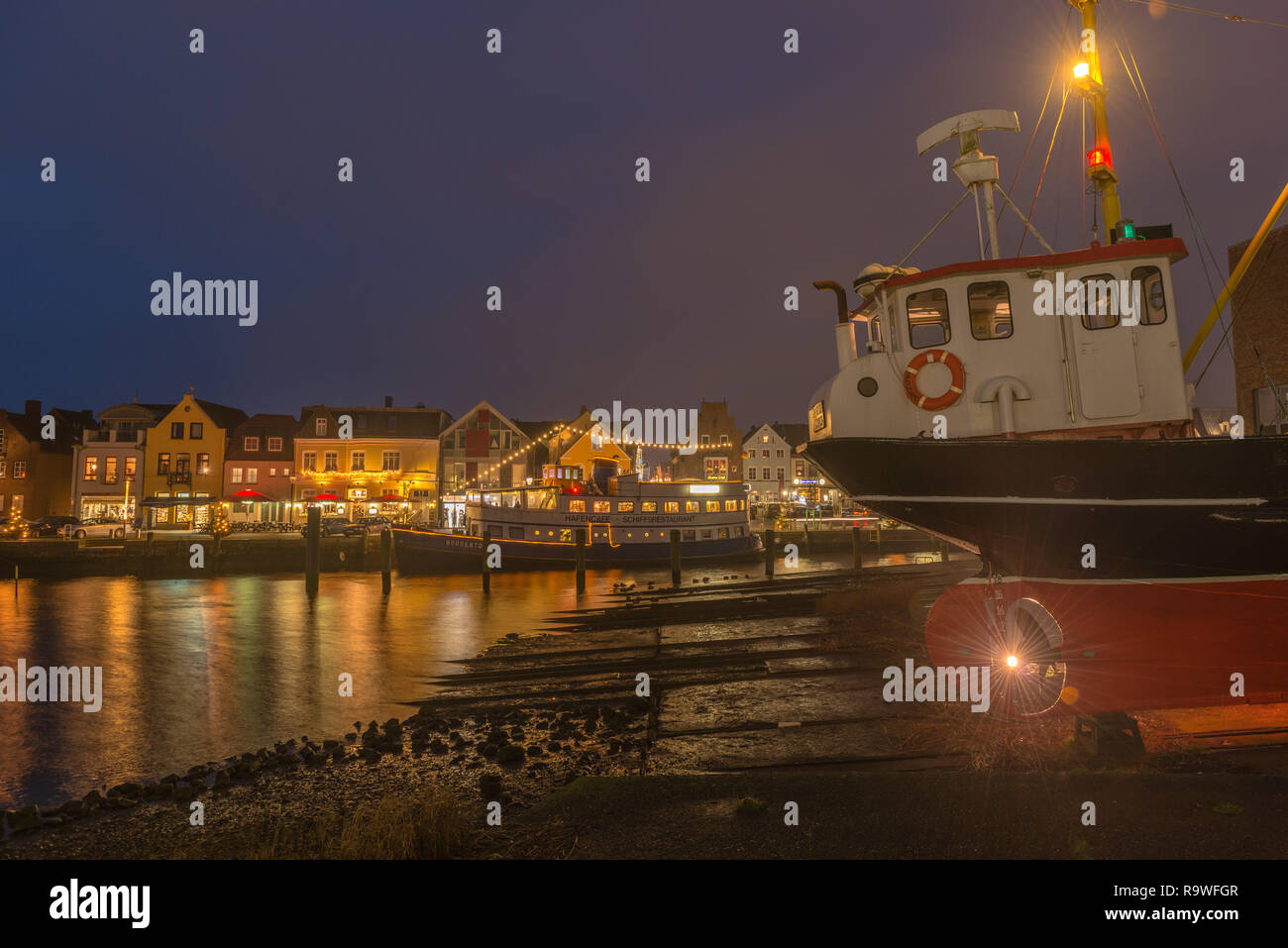The small habour of the country town of Husum at Christmas time, North Frisia, Schleswig-Holstein, North Germany, Europe Stock Photo