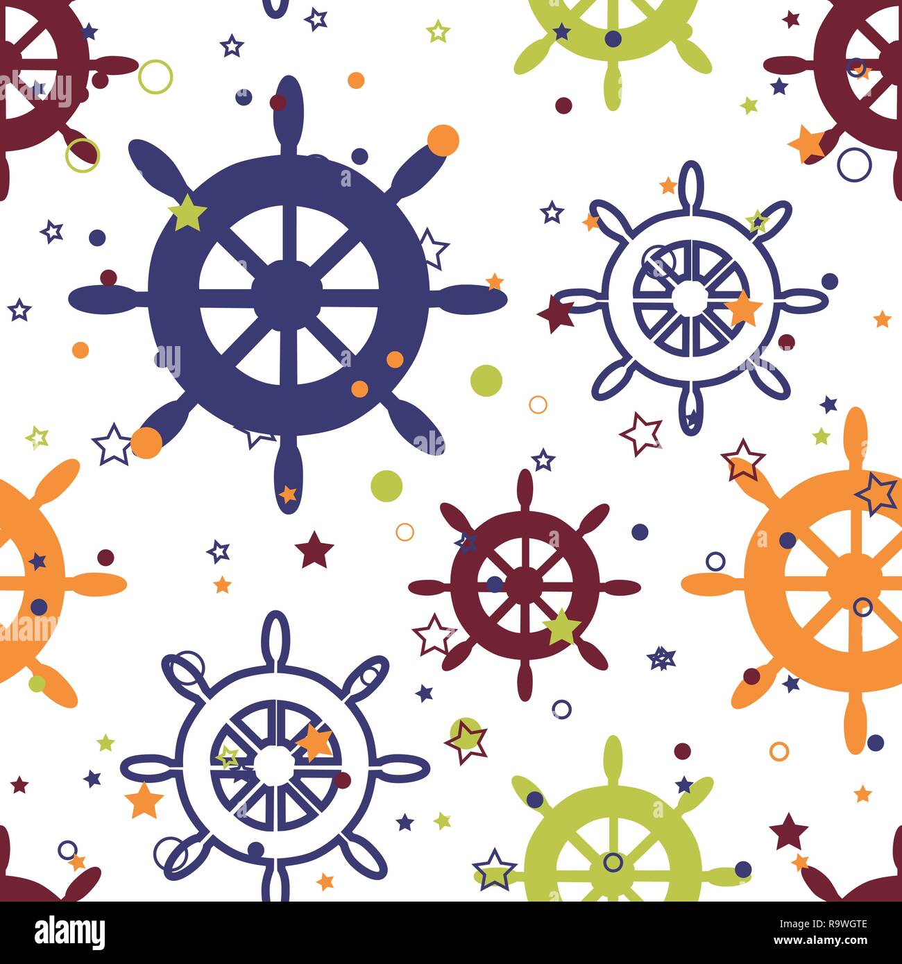 Vector multicolor wheels repeat seamless pattern with stars and circles on white background. Stock Vector