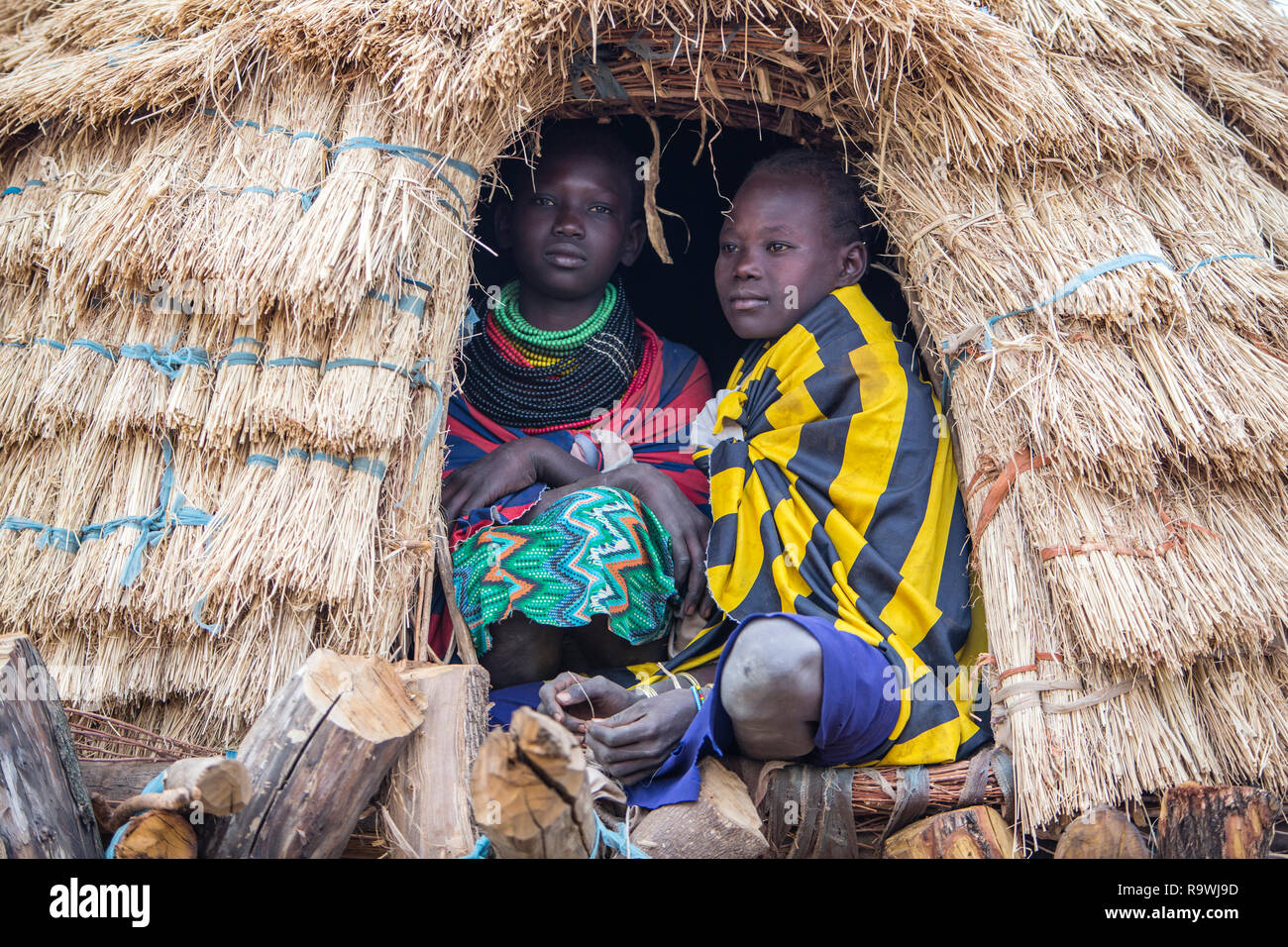 Nyangatom Tribe boys of Omo Valley, Ethiopia Stock Photo