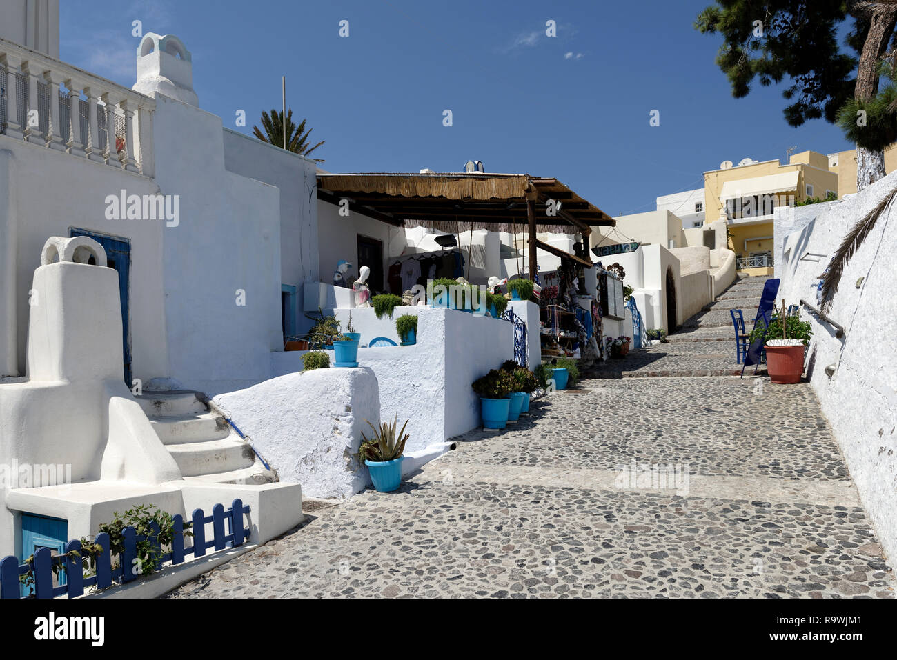 Cobbled stepped pathway in Pyrgos village, Santorini, Greece Stock
