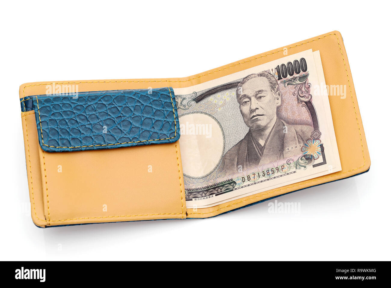 Leather wallet and ten thousand japanese yen on white background Stock ...