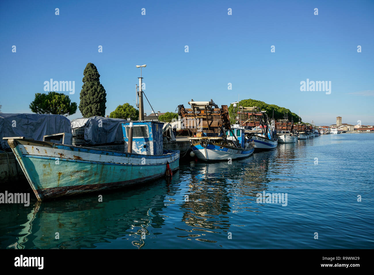 fishing boats on the quay of the port of Marano Lagunare, Friuli Venezia Giulia region, Italy Stock Photo