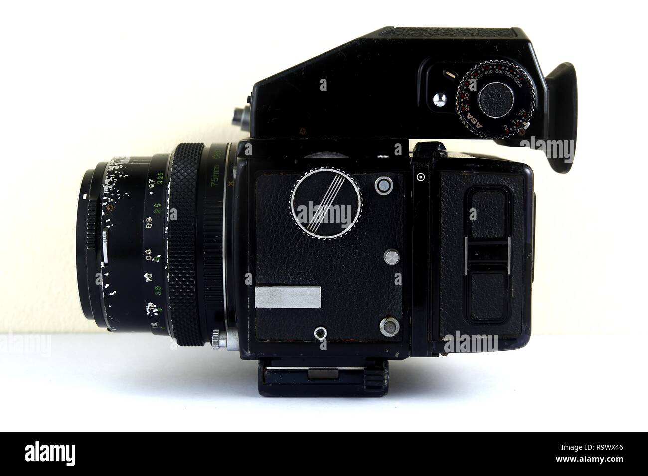 A vintage medium format film camera shot white background Stock Photo