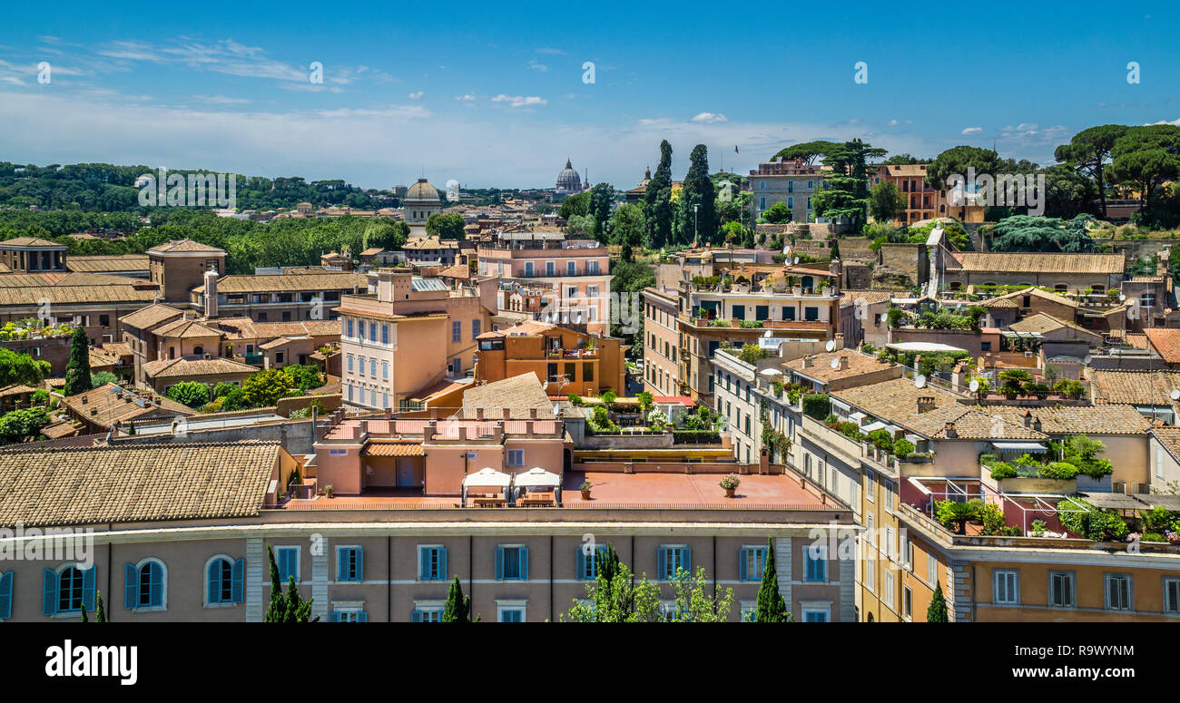 view from Palatine Hill across the Southern flank of Capitoline Hill towards St. Peter's Basilica, Rome, Italy Stock Photo