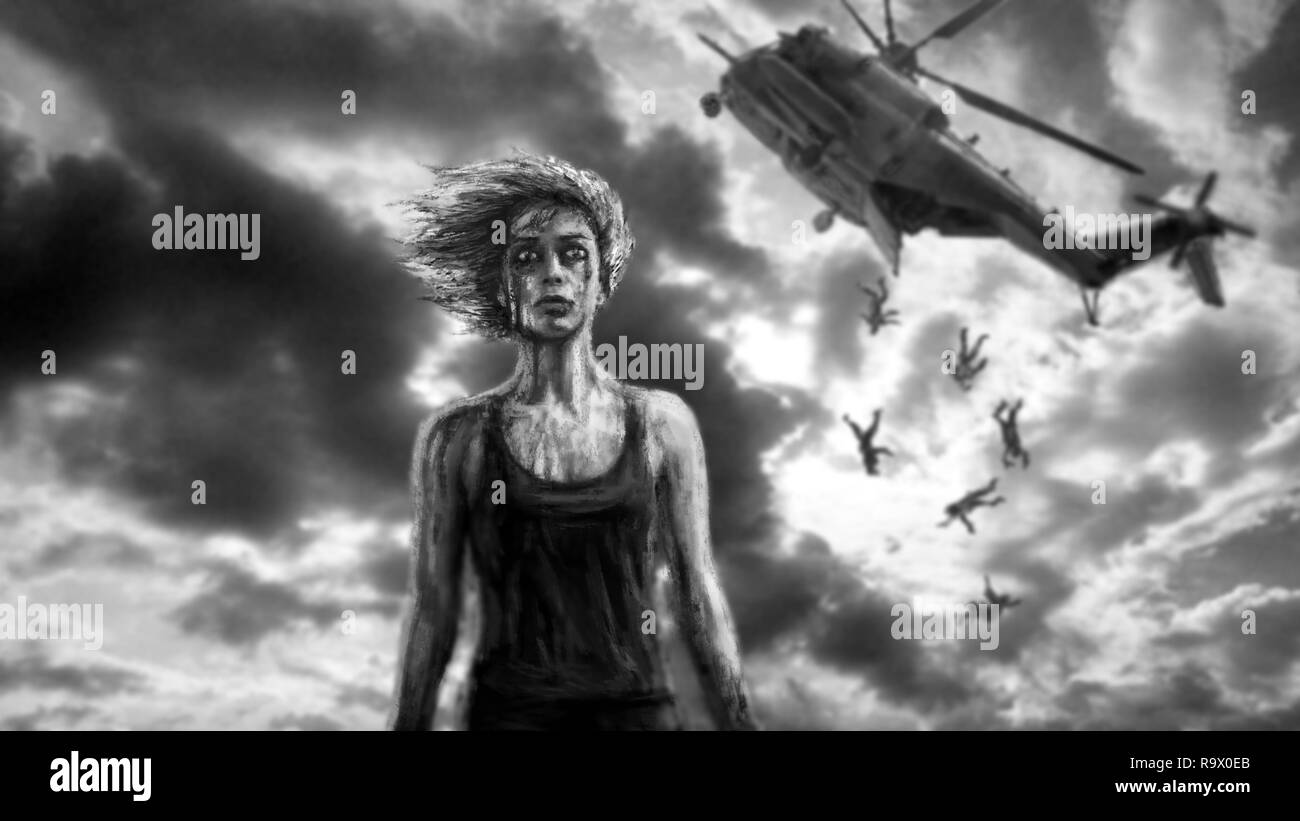 Woman soldier and falling helicopter on background. Painted illustration in the genre of fiction. Black and white colors Stock Photo