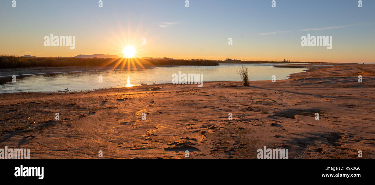 Sunrays and reeds at sunrise reflecting in the Santa Clara river marsh