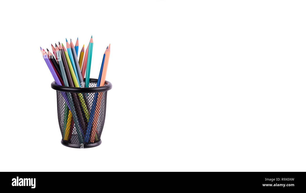 Colored pencils in a pencil case on white background Stock Photo