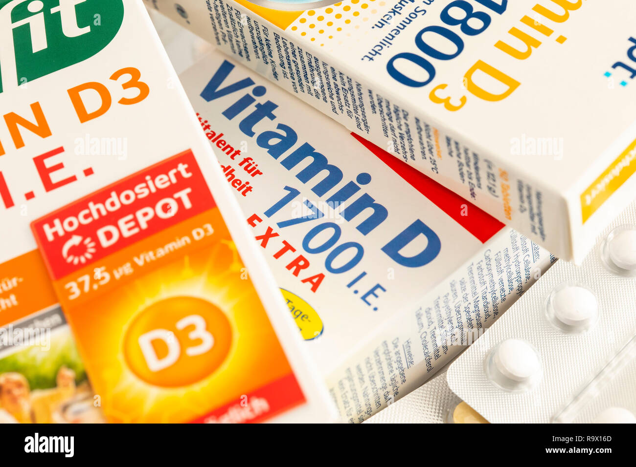 Vitamin D tablets packs, the preparation is intended to supplement the vitamin D deficiency, by low solar radiation, for example in winter, Stock Photo