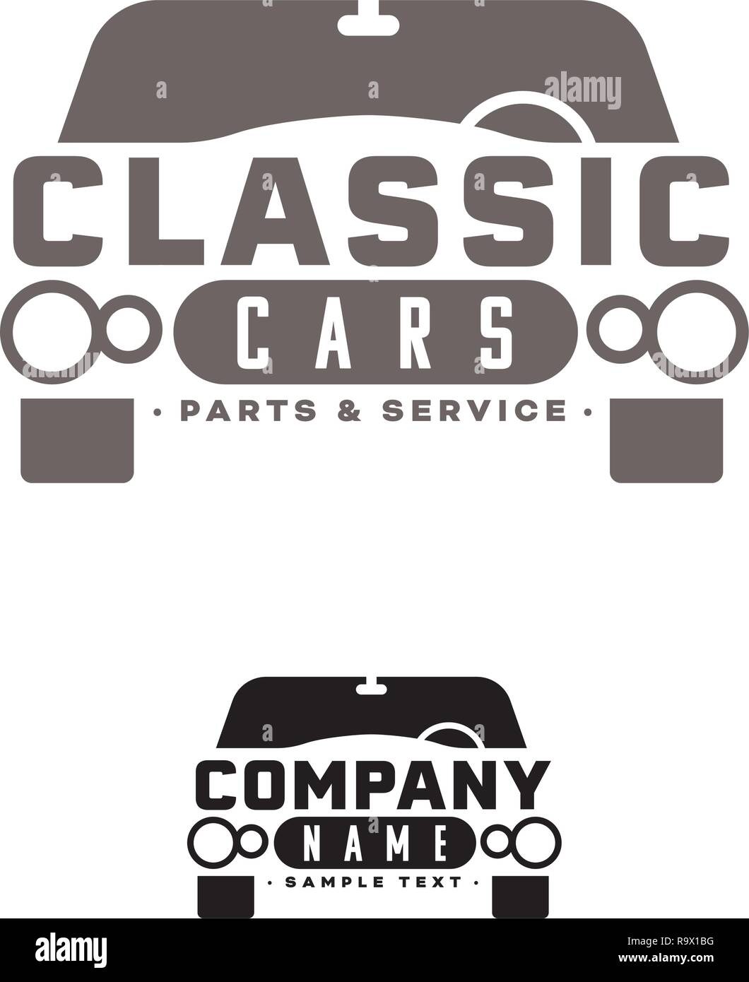 Company vector logo template for vintage cars dealership or garage with classic limousine. Sample text on separate layer. Stock Vector