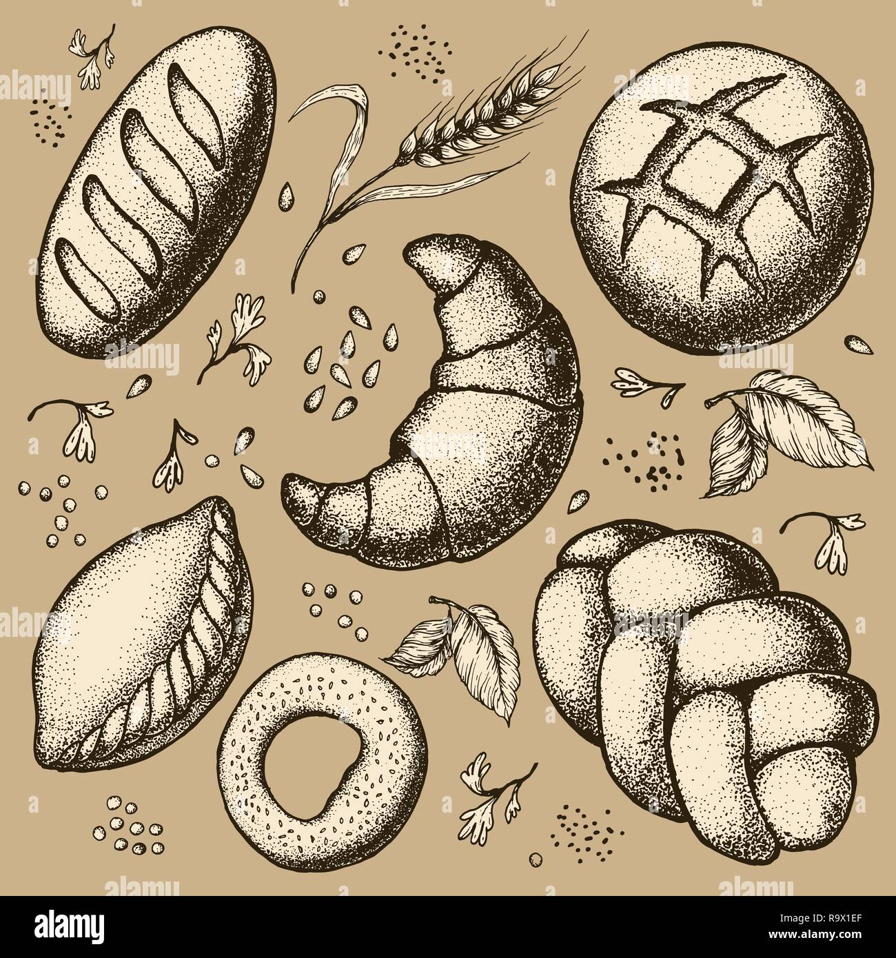 Vintage hand drawn sketch style bakery set. Bread and pastry sweets on ...