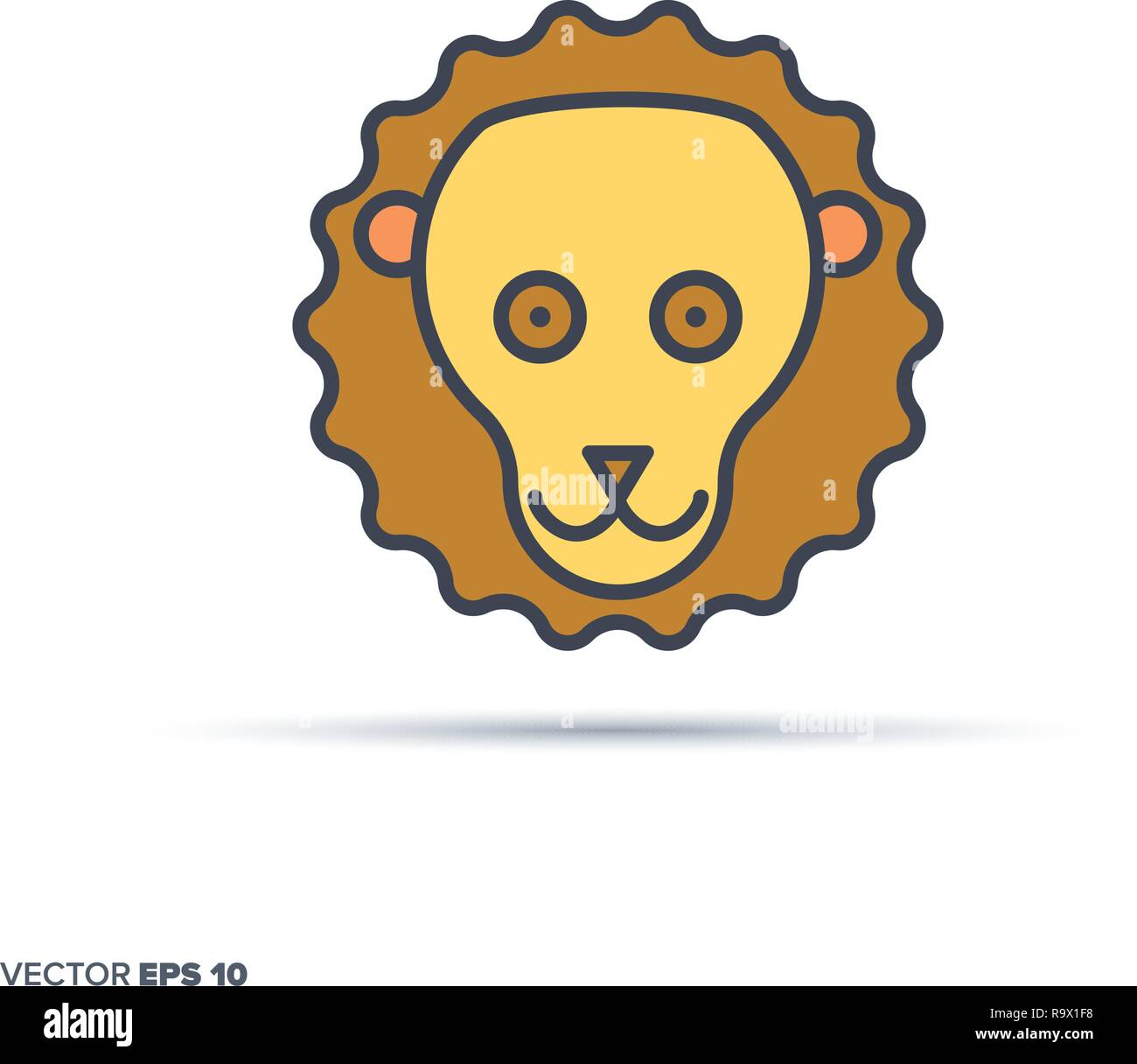 Cute lion face outline vector icon with color fill. Funny animal illustration. Stock Vector