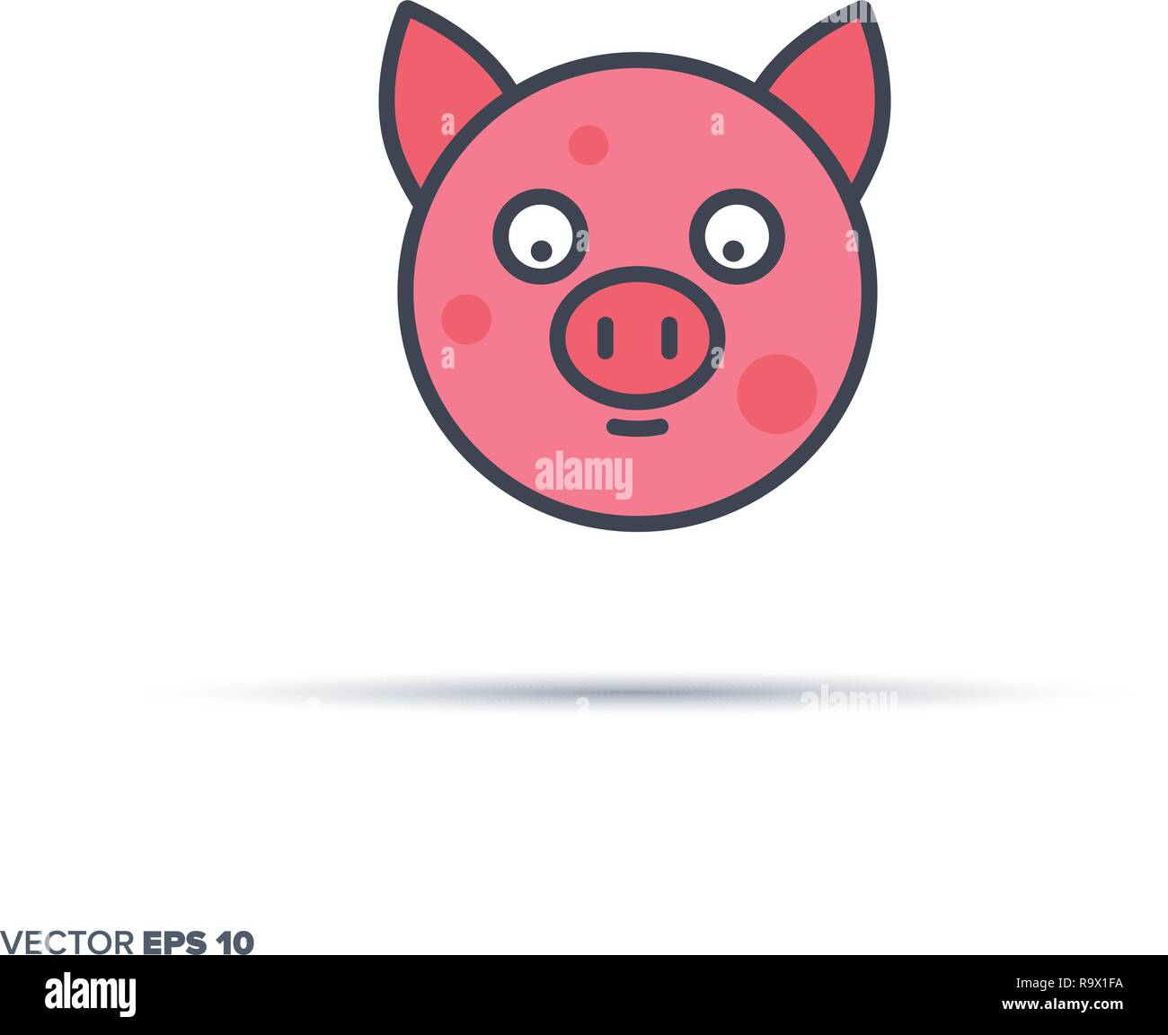 Cute pig face outline vector icon with color fill. Funny animal illustration. Stock Vector
