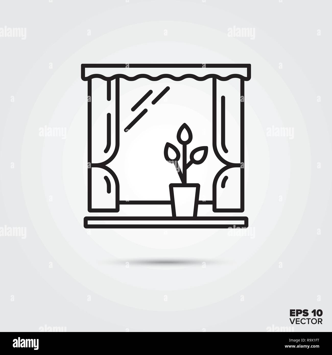 window with curtains and flower pot line icon vector illustration. Home ...