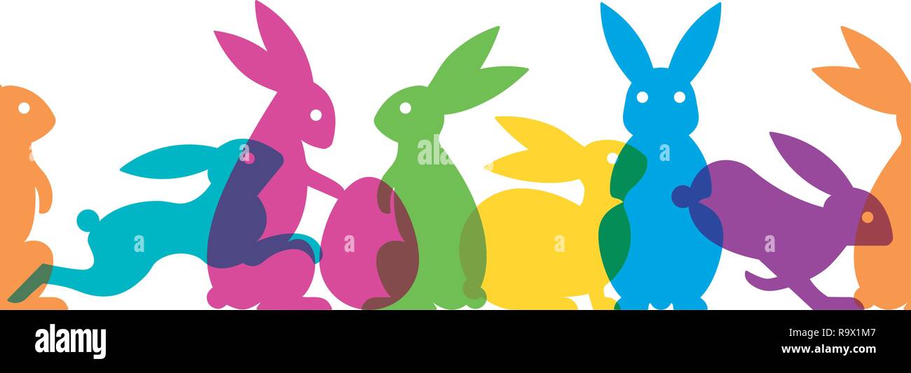 Seamless Easter banner with multicolored easter bunnies vector illustration Stock Vector