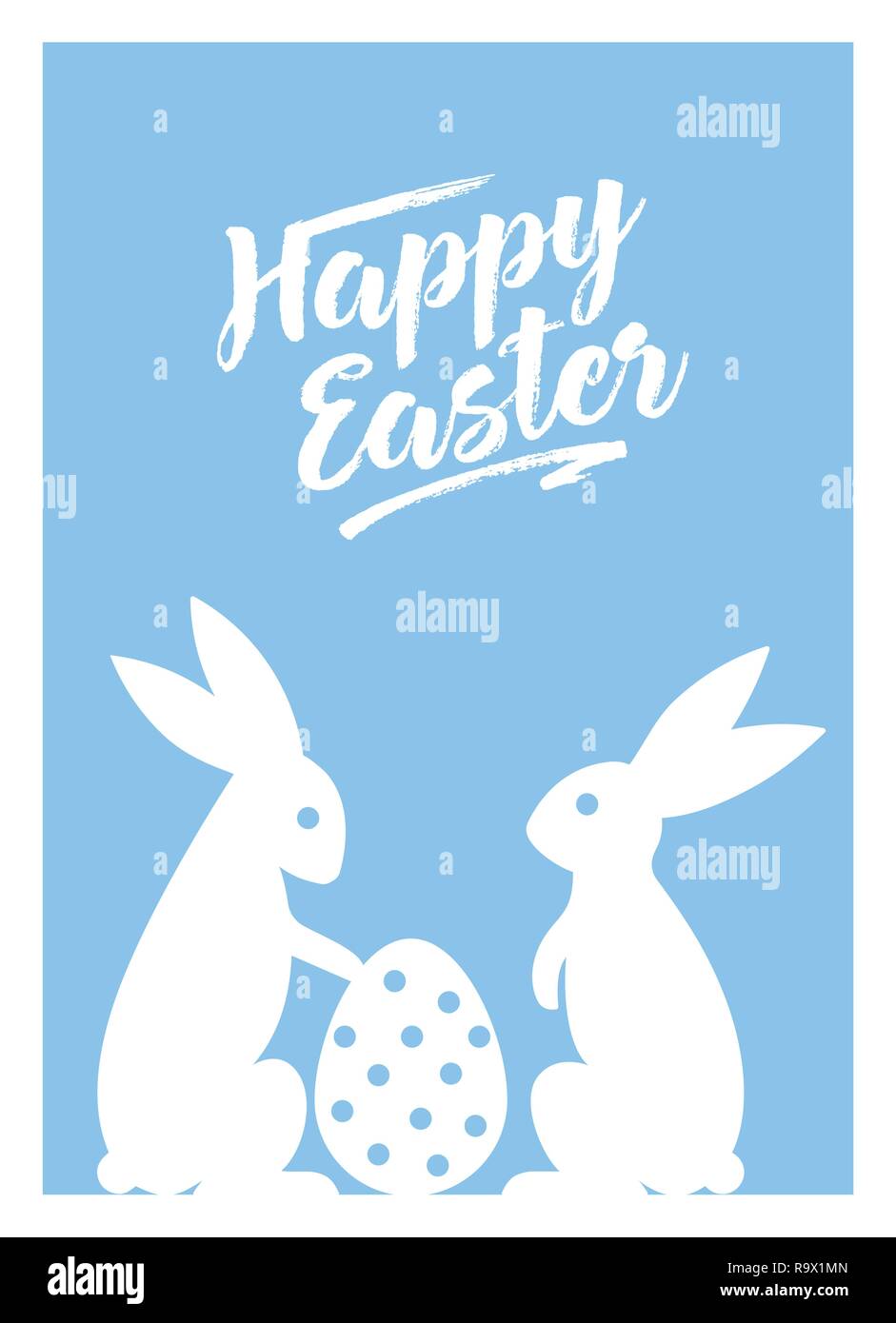Happy Easter greeting cards with Easter Bunnies and Easter Egg vector illustration. Light blue background. Stock Vector