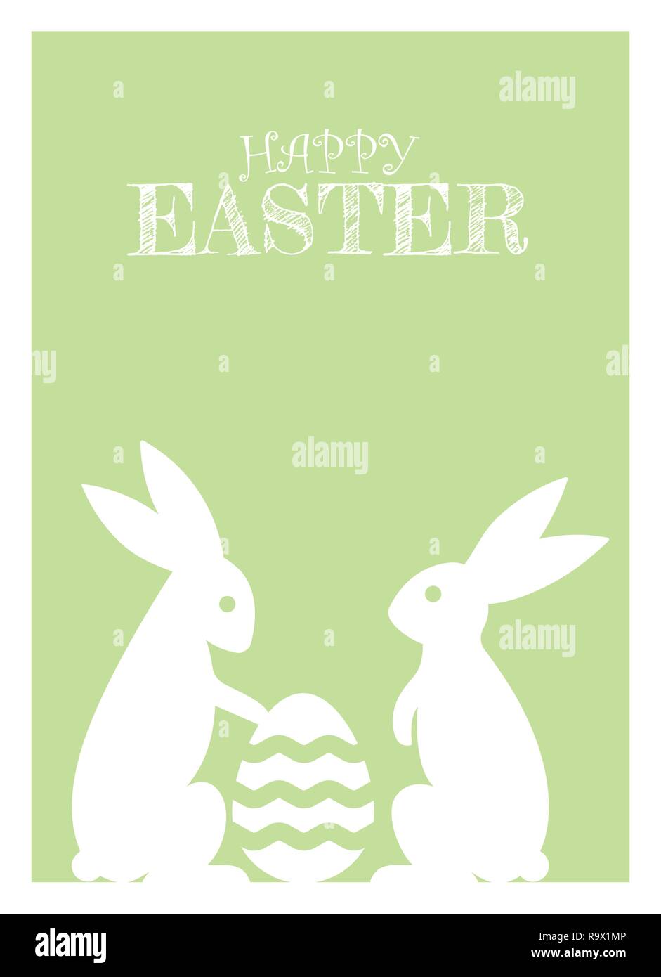 Happy Easter greeting cards with Easter Bunnies and Easter Egg vector illustration. Light green background. Stock Vector