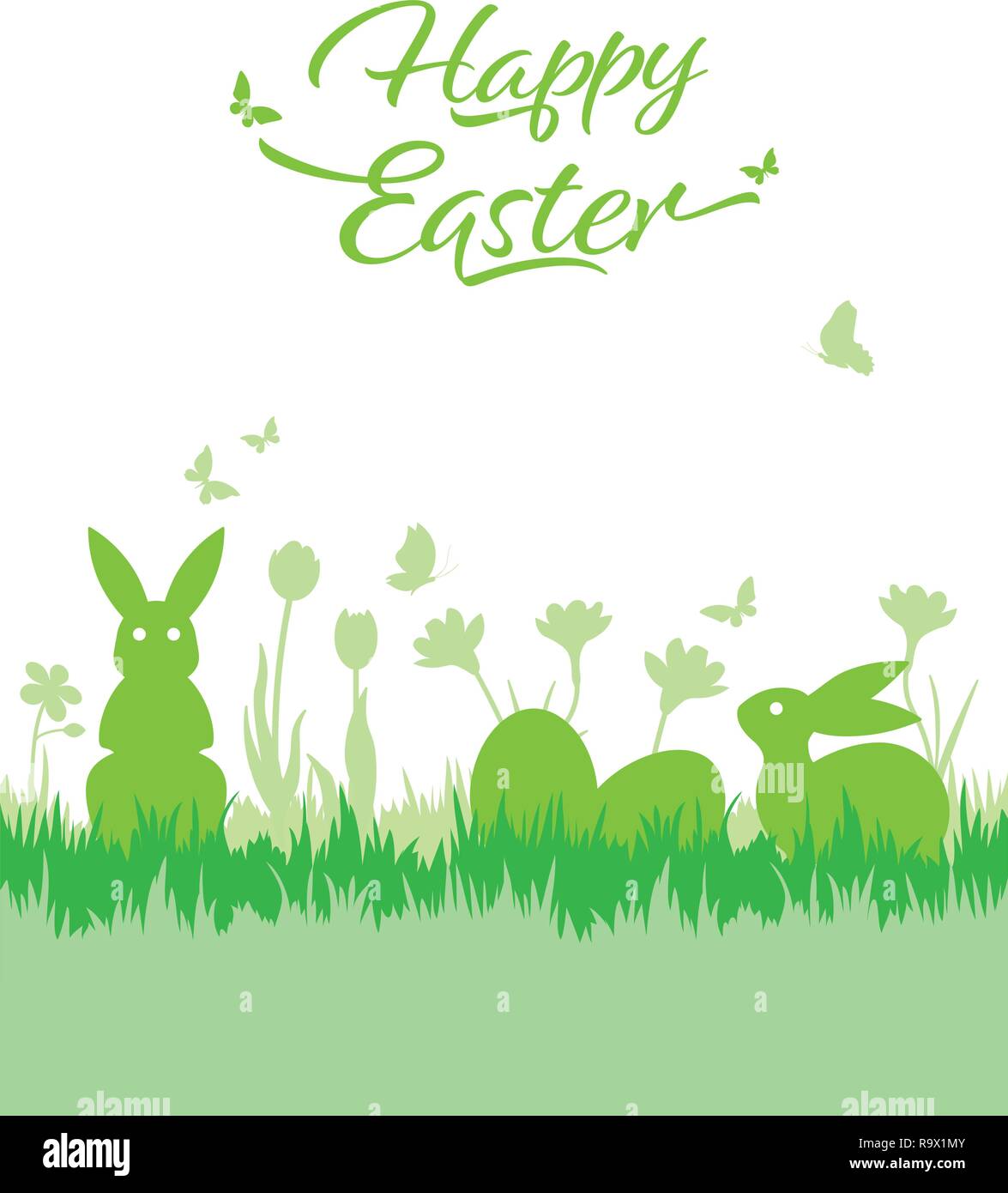 Happy Easter greeting card with easter bunnies and eggs on meadow vector ilsutration Stock Vector