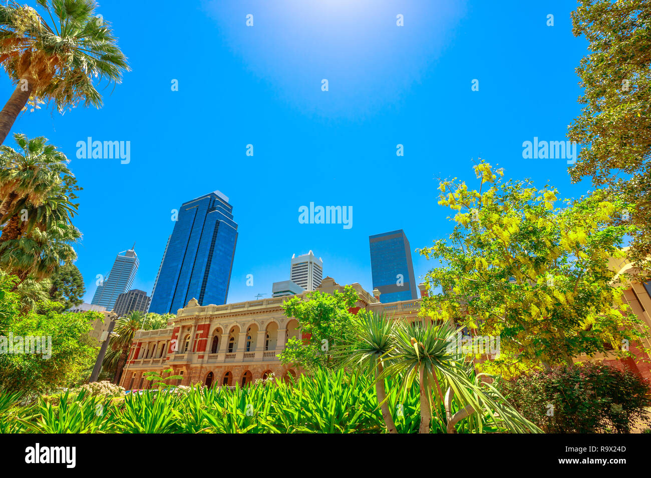 Supreme Court Gardens with Supreme Court Building on background in Central Business District between Riverside Drive, Barrack Street and Governors Avenue, Perth, Western Australia. Copy Space. Stock Photo