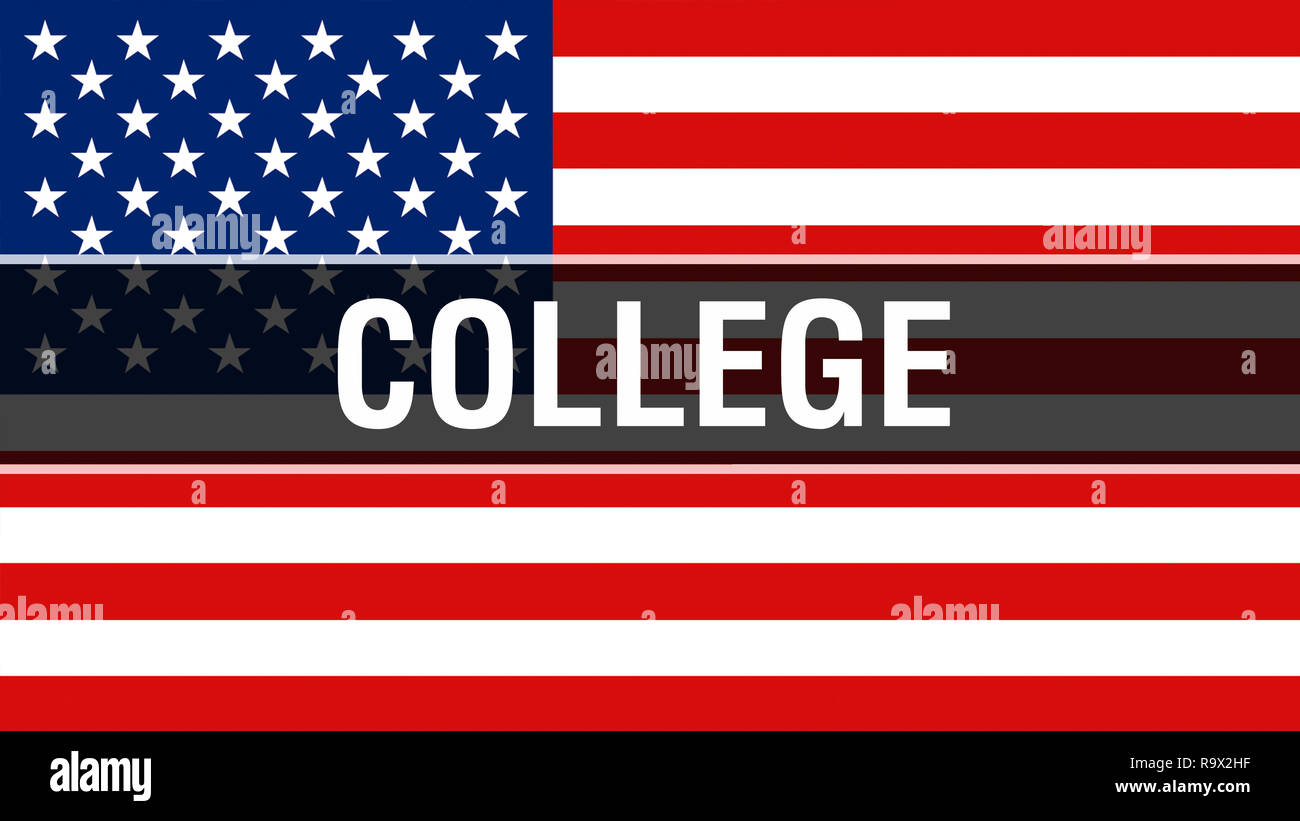 college on a USA flag background, 3D rendering. United States of America flag waving in the wind. Proud American Flag Waving, American college concept Stock Photo