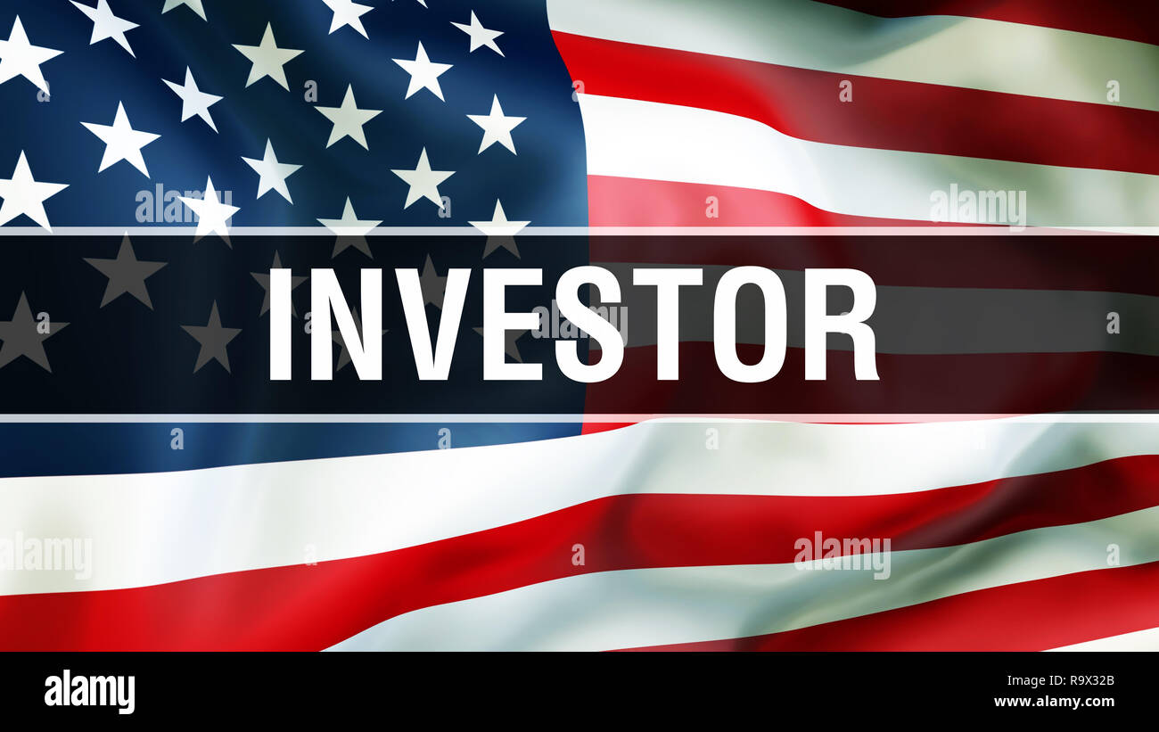 investor on a USA flag background, 3D rendering. United States of America flag waving in the wind. Proud American Flag Waving, American investor conce Stock Photo